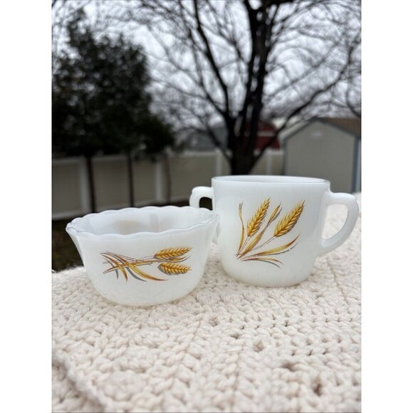 Fire King Other - Vintage Fire King Milk Glass Sugar & Bowl Set Wheat Pattern, EUC Cute!